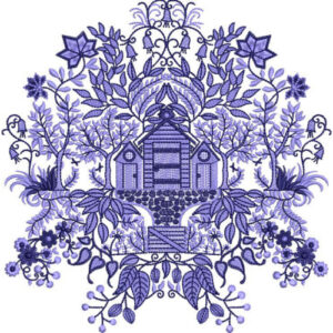 Royalty Free Blue Floral Cottage Embroidery Design with Symmetrical Botanical Detailing