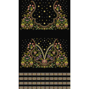 Royalty Free Multicolor Floral Neckline & Border Embroidery Design on Black Background