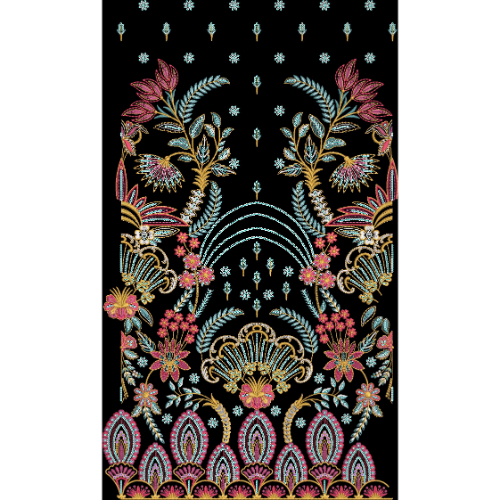 Royalty Free Multicolor Floral Ethnic Embroidery Panel Design on Black Background