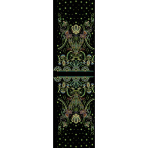 Royalty Free Symmetrical Floral Panel Embroidery Design with Green and Gold Thread Work on Black Background