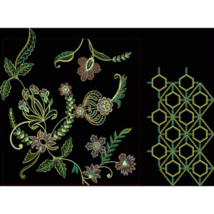 Royalty Free Floral Motif and Geometric Hexagon Embroidery Design with Elegant Multicolor Thread Work