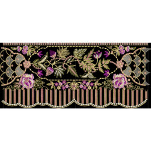 Royalty Free Floral Vine Border Embroidery Design with Purple Flowers and Gold Thread Work