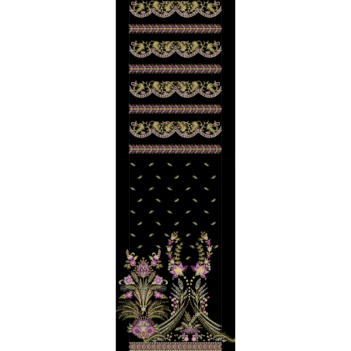 Royalty Free Elegant Floral Border Embroidery Design with Gold Thread Work on Black Background