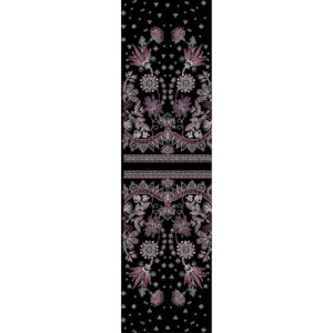 Royalty Free Symmetrical Floral Border Embroidery Design with Pink and Silver Thread Work on Black Background