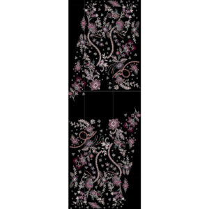 Royalty Free Elegant Floral Vine Embroidery Design with Pink and Silver Thread Work on Black Background