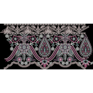 Royalty Free Ornate Floral Scalloped Border Embroidery Design with Pink and Silver Thread Work on Black Background