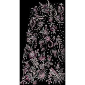 Royalty Free Intricate Floral Paisley Embroidery Panel Design with Pink and Silver Thread Work on Black Background