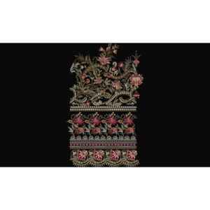 Royalty Free Luxurious Floral Border Embroidery Design with Gold and Pink Thread Work on Black Background