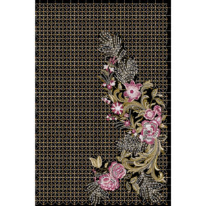 Royalty Free Floral Corner Embroidery Design with Gold Lattice Background and Pink Thread Work