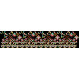 Royalty Free Ornate Floral Border Embroidery Design with Vibrant Multicolor Thread Work on Black Background