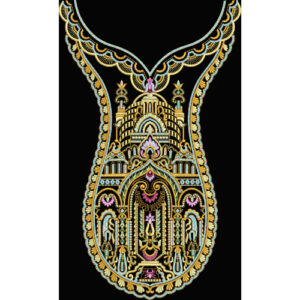 Royalty Free Ornate Mughal Style Neckline Embroidery Design with Gold and Pastel Thread Work on Black Background