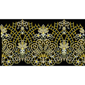 Royalty Free Elegant Gold Lattice Floral Border Embroidery Design on Black Background