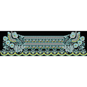 Royalty Free Elegant Floral Border Embroidery Design with Turquoise and Yellow Thread Work on Black Background