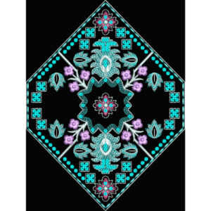 Royalty Free Geometric Floral Diamond Embroidery Design with Turquoise and Lavender Thread Work on Black Background