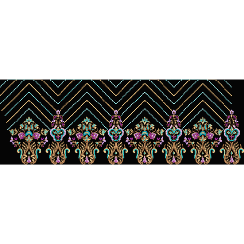 Royalty Free Floral Chevron Border Embroidery Design with Multicolor Thread Work on Black Background