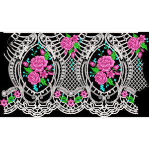 Luxury Embroidered Lace Floral Border Textile Print in Pink and Silver