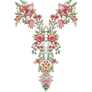 Elegant Floral Neckline Motif Textile Print in Soft Peach and Green