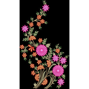 Elegant Embroidered Floral Spray Textile Motif in Pink on Black