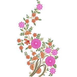 Graceful Embroidered Floral Spray Motif in Pink and Green on White