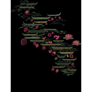 Oriental Embroidered Floating Motif Composition with Floral Accents on Black