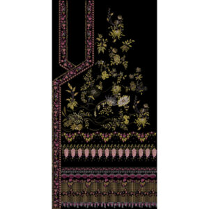 Luxury Embroidered Neckline Panel with Floral Border in Gold and Pink on Black