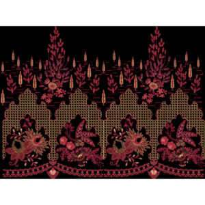 Regal Embroidered Floral Arch Border Design in Red and Gold on Black