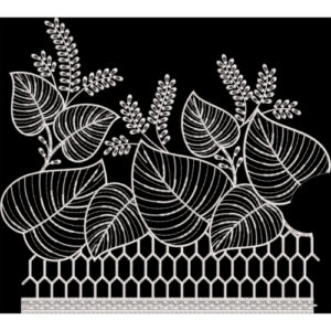 Monochrome Botanical Leaf Border with Geometric Fence Pattern on Black