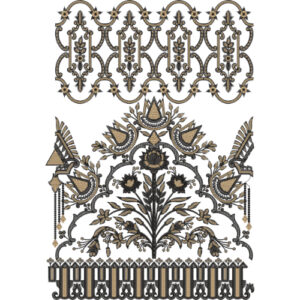 Ornate Monochrome Floral & Architectural Border Textile Design