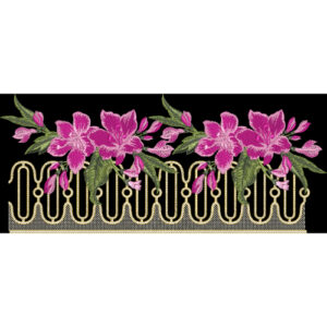 Pink Floral Embroidery Border Design with Ornamental Gold Pattern