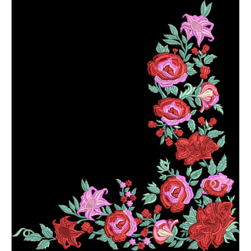 Elegant Embroidered Floral Corner Motif with Roses on Black Background