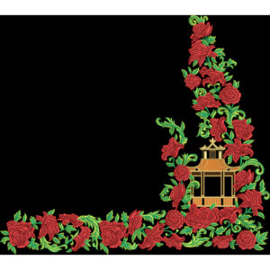 Royal Embroidered Floral Corner Motif with Architectural Accent on Black Background