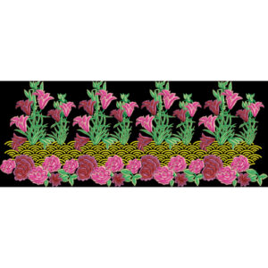 Vibrant Embroidered Floral Border with Lily and Rose Motifs on Black Background