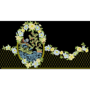 Floral Garden Embroidered Border with Scenic Landscape Motif on Black Background