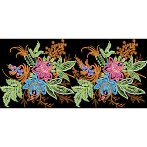 Embroidered Floral Border Design with Vibrant Blossoms on Black Background
