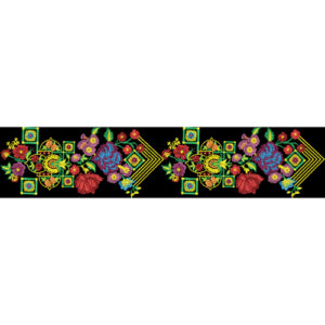 Embroidered Floral Geometric Border with Ornamental Motifs on Black Background