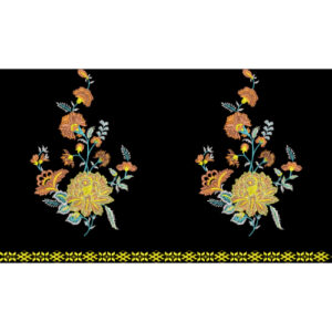 Embroidered Floral Motif Border with Elegant Blossoms on Black Background