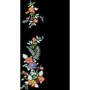 Embroidered Vertical Floral Motif with Elegant Blossoms on Black Background