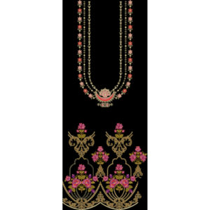 Embroidered Jewelry-Inspired Floral Border with Ornamental Motifs on Black Background