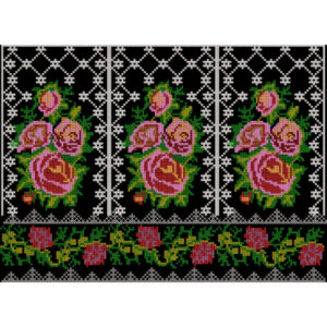 Traditional Cross-Stitch Floral Border with Rose Motifs on Black Background