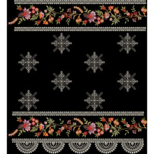 Embroidered Floral Border Design with Geometric Motifs on Black Background