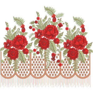 Embroidered Red Rose Floral Border with Decorative Arch Pattern