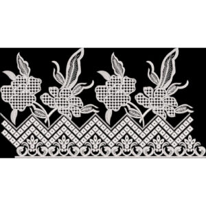 White Embroidered Floral Border with Chevron and Ornamental Base on Black Background