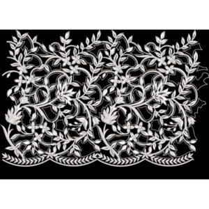 White Embroidered Floral Lace Border with Interwoven Vine Motifs on Black Background