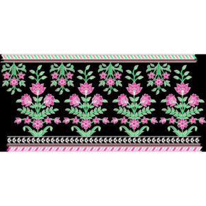 Embroidered Floral Border with Pink Blossoms and Decorative Trim on Black Background