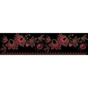 Luxury Embroidered Floral Border with Ornamental Blossoms on Black Background