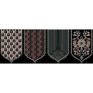 Embroidered Decorative Shield Border with Geometric and Floral Motifs on Black Background