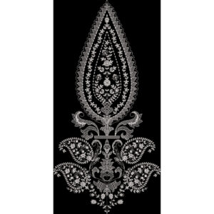 White Embroidered Paisley Motif with Ornamental Floral Detailing on Black Background