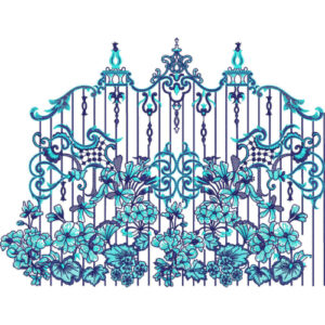 Ornate Embroidered Garden Gate Floral Panel with Elegant Ironwork Design