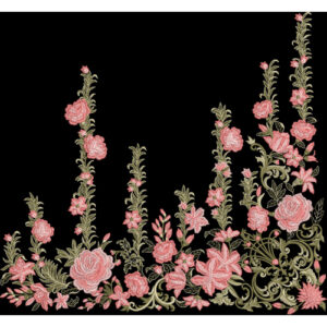 Luxury Embroidered Floral Border with Rose Blossoms and Ornamental Scrolls