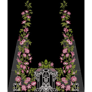 Ornate Embroidered Floral Gate Panel with Vertical Vine Motifs
